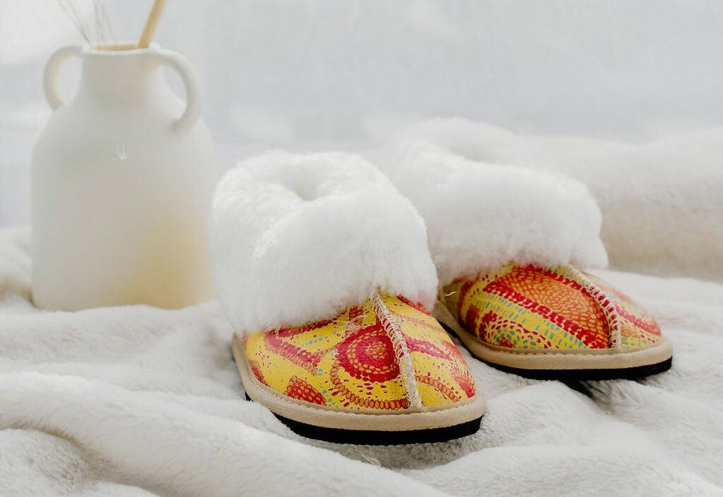 Yellow Scatter Sheepskin Slippers - Adult Size 5