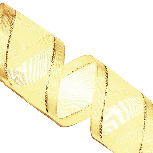 Doodles - 15mm Sheer Ribbon - Satin Edge - Gold Trim - Cream