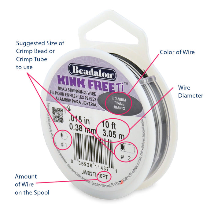 Kink-Free Titanium Bead Stringing Wire, .015 in / 0.38 mm, 10 ft / 3.1 m