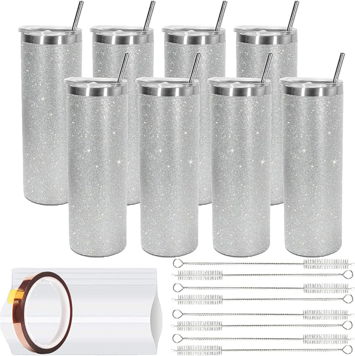 Doodles - Sublimation Skinny Straight Tumblers - 16x Heat Shrink Wraps, Tape & Brush, 20 oz 8pk Glitter Silver Super Bundle