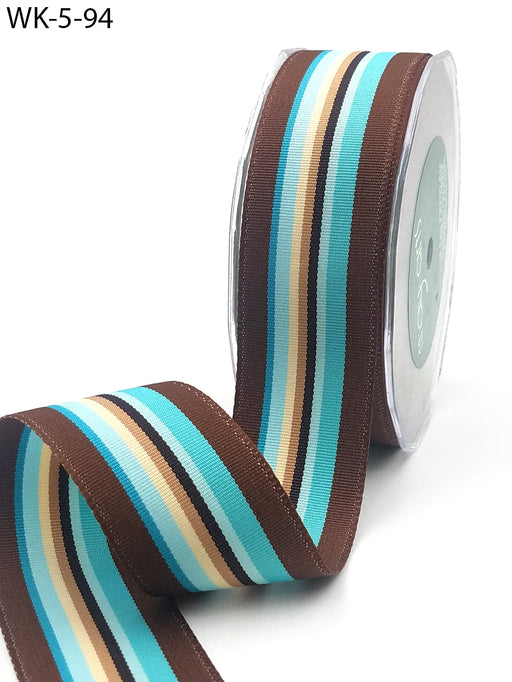 May Arts - 1.5 cm Multi-Color Striped Ribbon with Woven Edge - Turquoise & Brown